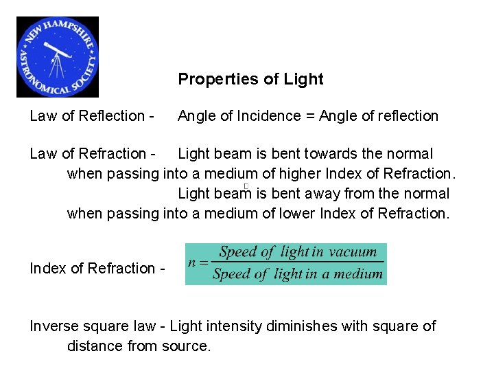 Properties of Light Law of Reflection - Angle of Incidence = Angle of reflection