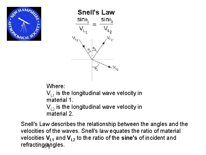 Snell's Law Where: VL 1 is the longitudinal wave velocity in material 1. VL