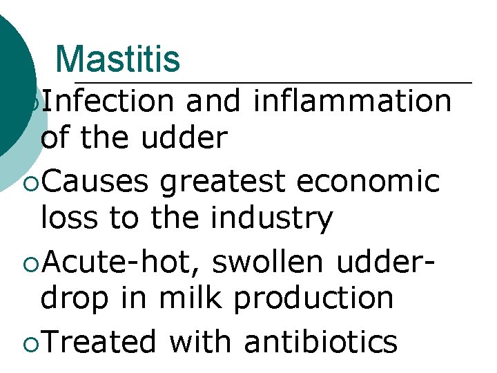 Mastitis ¡Infection and inflammation of the udder ¡Causes greatest economic loss to the industry