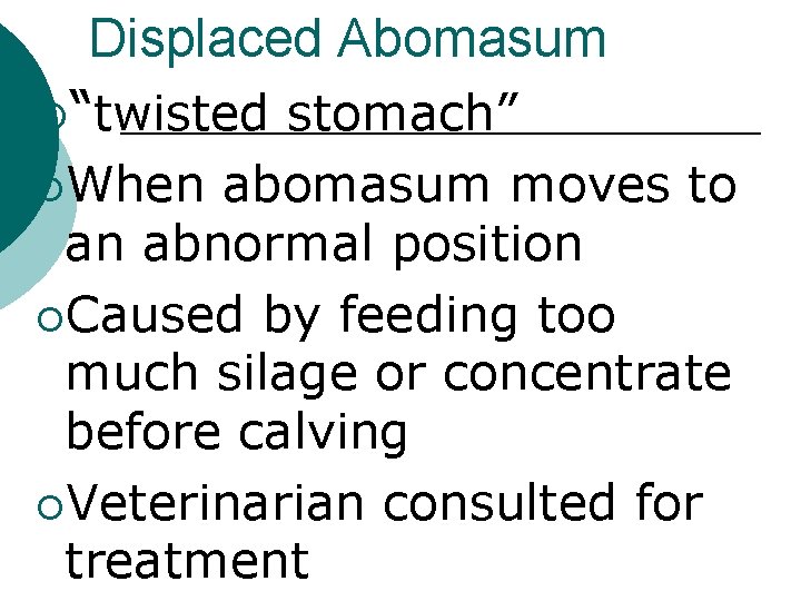 Displaced Abomasum ¡“twisted stomach” ¡When abomasum moves to an abnormal position ¡Caused by feeding