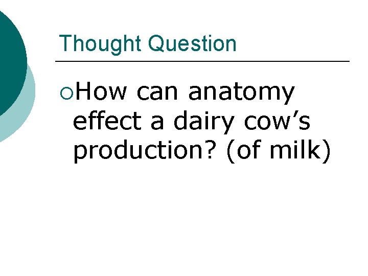 Thought Question ¡How can anatomy effect a dairy cow’s production? (of milk) 