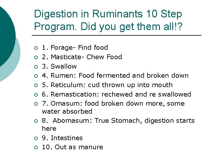 Digestion in Ruminants 10 Step Program. Did you get them all!? ¡ ¡ ¡