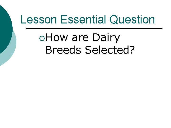 Lesson Essential Question ¡How are Dairy Breeds Selected? 