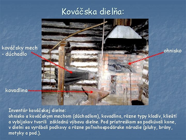 Kováčska dielňa: kováčsky mech - dúchadlo ohnisko kovadlina Inventár kováčskej dielne: ohnisko s kováčskym Kováčska dielňa: kováčsky mech - dúchadlo ohnisko kovadlina Inventár kováčskej dielne: ohnisko s kováčskym