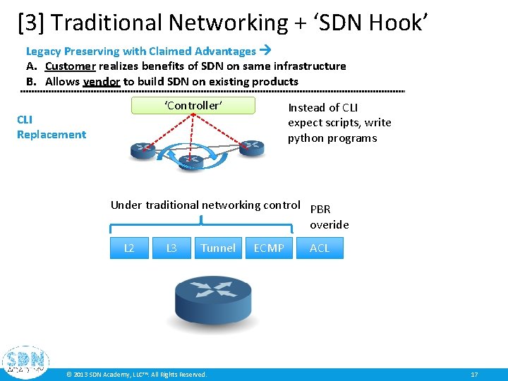 [3] Traditional Networking + ‘SDN Hook’ Legacy Preserving with Claimed Advantages A. Customer realizes