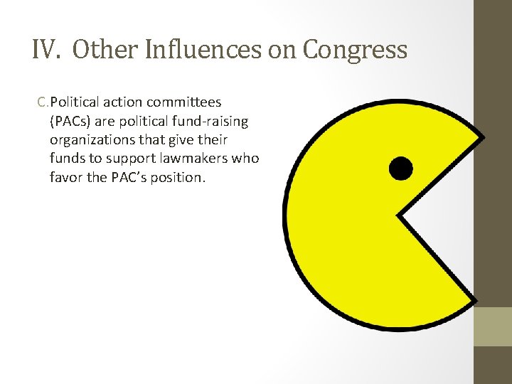 IV. Other Influences on Congress C. Political action committees (PACs) are political fund-raising organizations