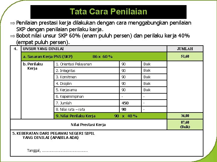 Tata Cara Penilaian Þ Penilaian prestasi kerja dilakukan dengan cara menggabungkan penilaian SKP dengan