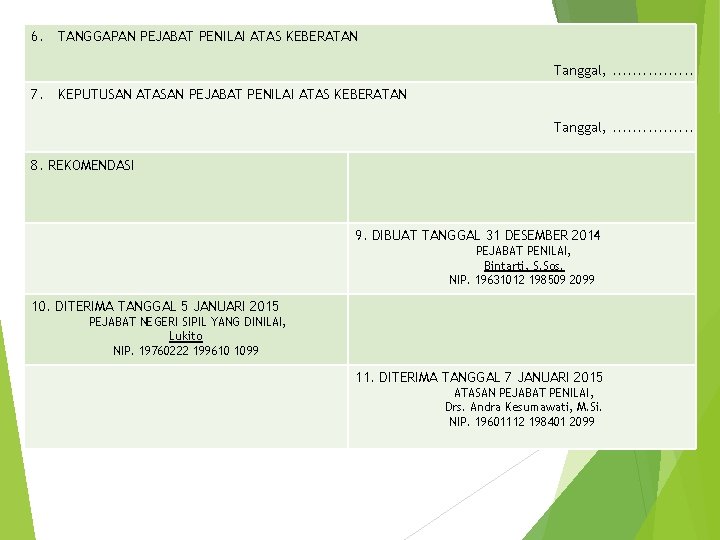 6. TANGGAPAN PEJABAT PENILAI ATAS KEBERATAN Tanggal, . . . . 7. KEPUTUSAN ATASAN