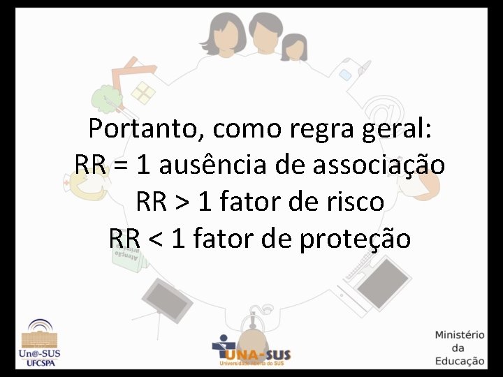 Portanto, como regra geral: RR = 1 ausência de associação RR > 1 fator