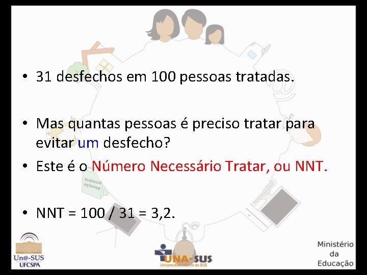  • 31 desfechos em 100 pessoas tratadas. • Mas quantas pessoas é preciso