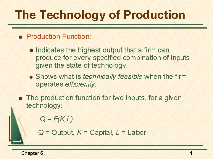 The Technology of Production n n Production Function: l Indicates the highest output that