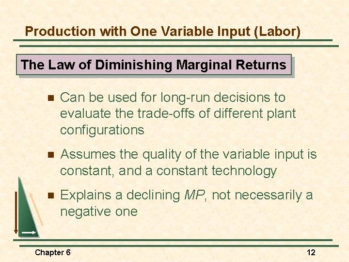 Production with One Variable Input (Labor) The Law of Diminishing Marginal Returns n Can