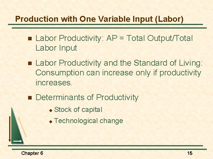 Production with One Variable Input (Labor) n Labor Productivity: AP = Total Output/Total Labor