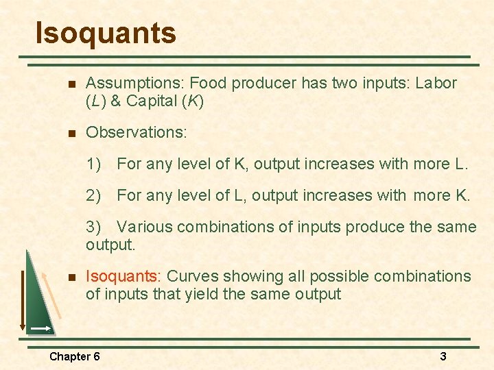 Isoquants n Assumptions: Food producer has two inputs: Labor (L) & Capital (K) n