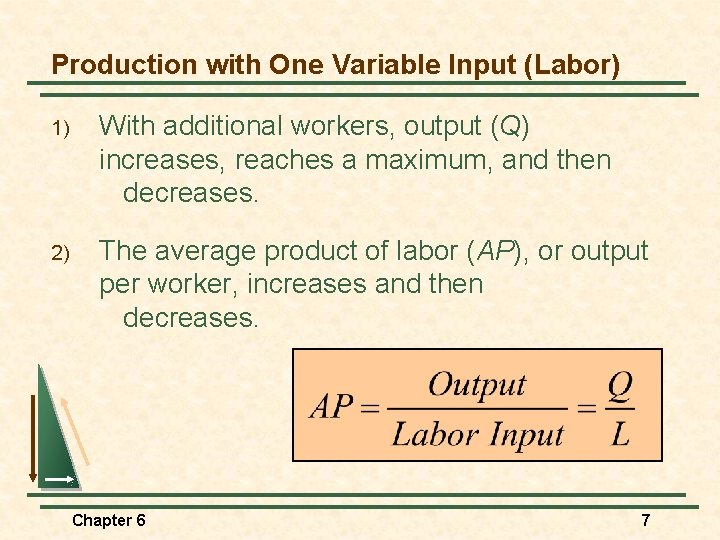 Production with One Variable Input (Labor) 1) With additional workers, output (Q) increases, reaches