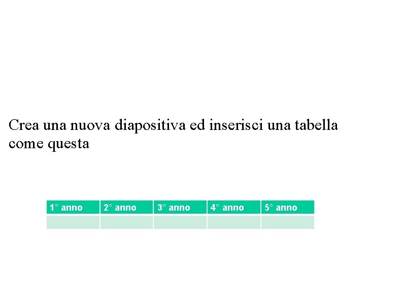 Crea una nuova diapositiva ed inserisci una tabella come questa 1° anno 2° anno