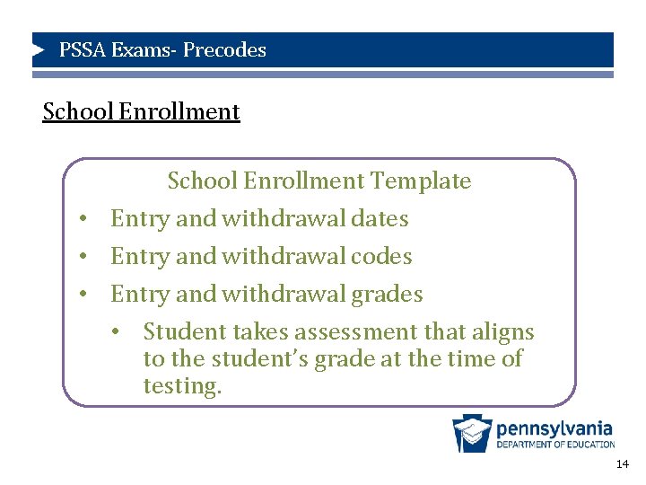 PSSA Exams- Precodes School Enrollment Template • Entry and withdrawal dates • Entry and