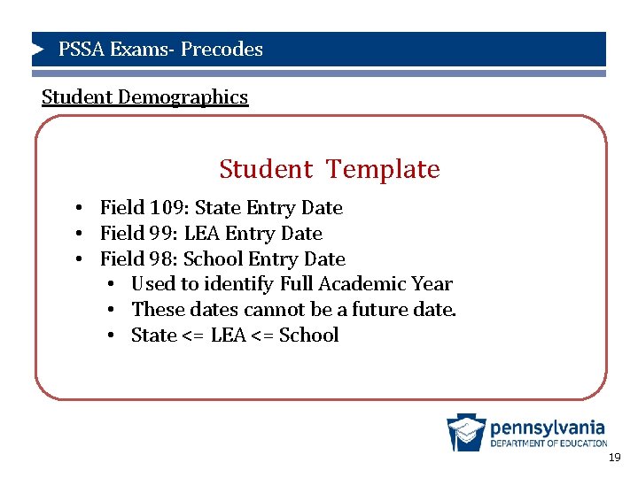 PSSA Exams- Precodes Student Demographics Student Template • Field 109: State Entry Date •