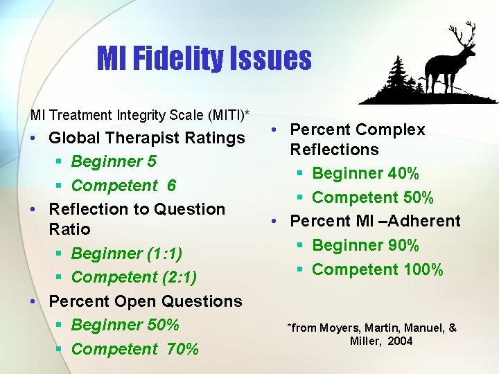 MI Fidelity Issues MI Treatment Integrity Scale (MITI)* • Global Therapist Ratings § Beginner MI Fidelity Issues MI Treatment Integrity Scale (MITI)* • Global Therapist Ratings § Beginner