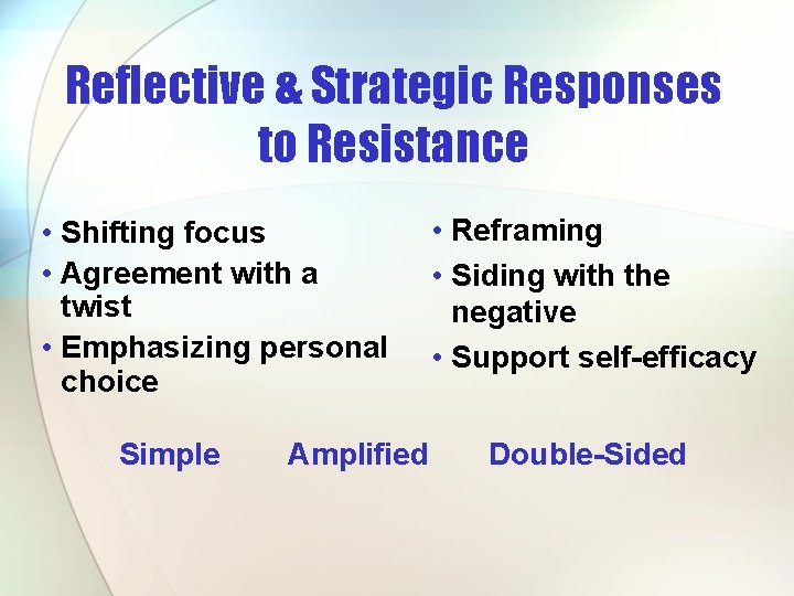 Reflective & Strategic Responses to Resistance • Shifting focus • Agreement with a twist