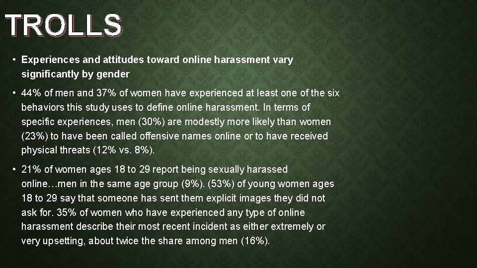 TROLLS • Experiences and attitudes toward online harassment vary significantly by gender • 44%