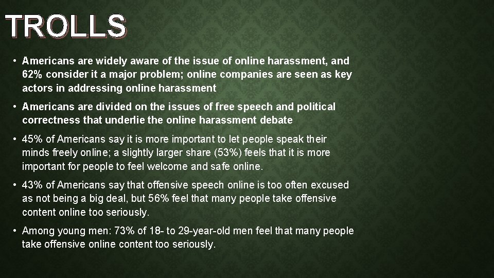 TROLLS • Americans are widely aware of the issue of online harassment, and 62%