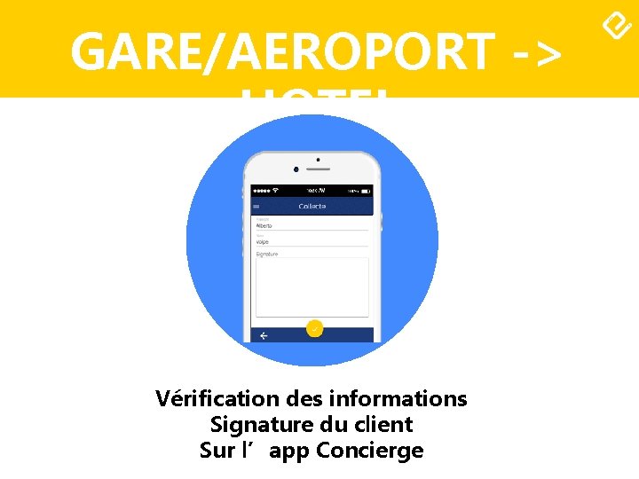 GARE/AEROPORT -> HOTEL Vérification des informations Signature du client Sur l’app Concierge 
