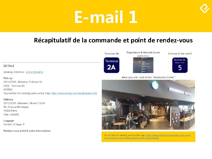 E-mail 1 Récapitulatif de la commande et point de rendez-vous 