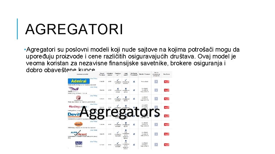 AGREGATORI • Agregatori su poslovni modeli koji nude sajtove na kojima potrošači mogu da AGREGATORI • Agregatori su poslovni modeli koji nude sajtove na kojima potrošači mogu da