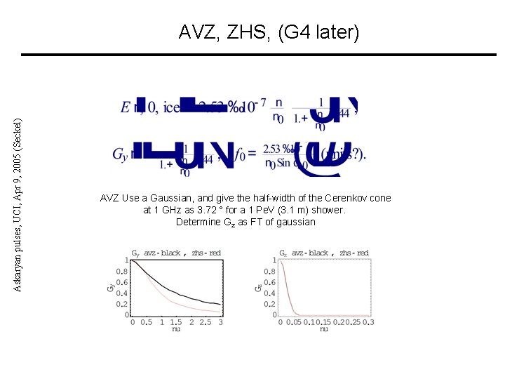 Askaryan pulses, UCI, Apr 9, 2005 (Seckel) AVZ, ZHS, (G 4 later) AVZ Use