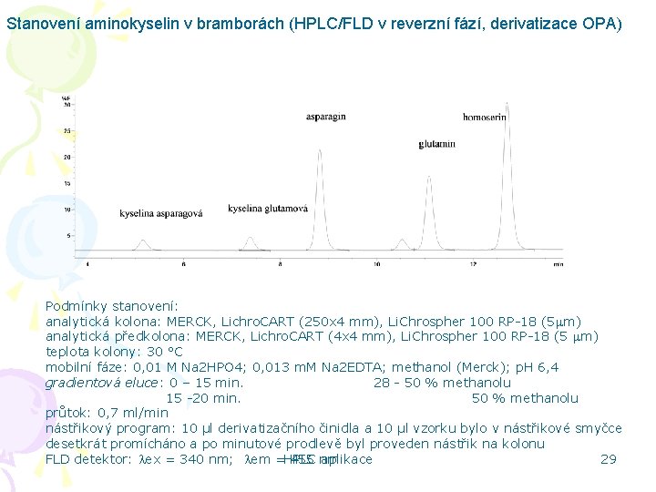 Stanovení aminokyselin v bramborách (HPLC/FLD v reverzní fází, derivatizace OPA) Podmínky stanovení: analytická kolona: