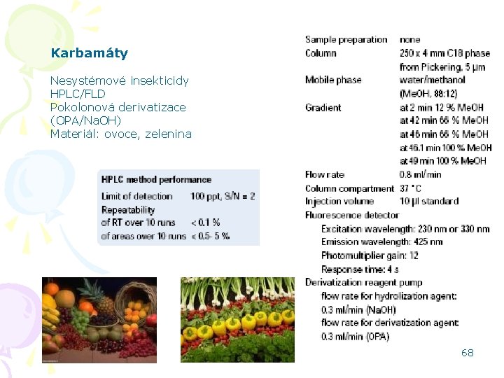 Karbamáty Nesystémové insekticidy HPLC/FLD Pokolonová derivatizace (OPA/Na. OH) Materiál: ovoce, zelenina HPLC aplikace 68