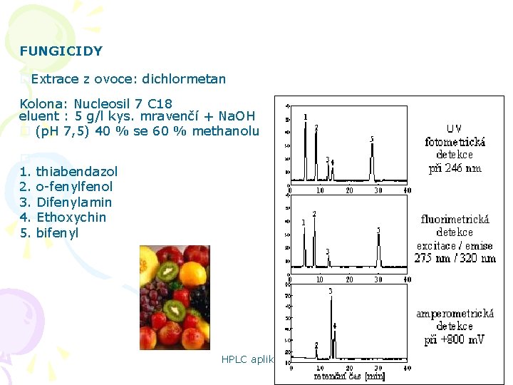 FUNGICIDY o. Extrace z ovoce: dichlormetan Kolona: Nucleosil 7 C 18 eluent : 5