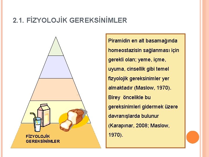 2. 1. FİZYOLOJİK GEREKSİNİMLER Piramidin en alt basamağında homeostazisin sağlanması için gerekli olan; yeme,