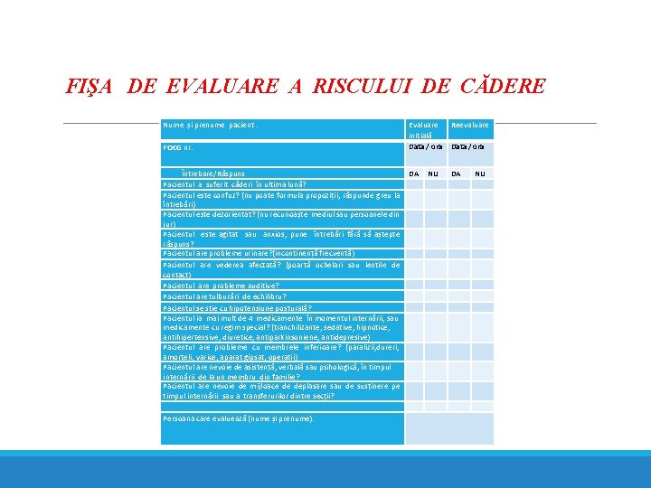 FIŞA DE EVALUARE A RISCULUI DE CĂDERE Nume și prenume pacient : FOCG nr: