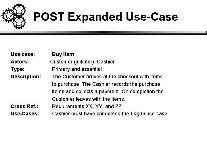 POST Expanded Use-Case Use case: Actors: Type: Description: Cross Ref. : Use-Cases: Buy Item