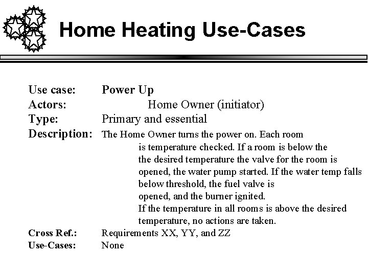Home Heating Use-Cases Use case: Power Up Actors: Home Owner (initiator) Type: Primary and
