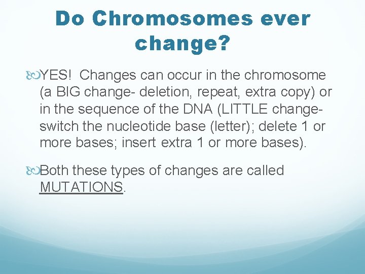 Do Chromosomes ever change? YES! Changes can occur in the chromosome (a BIG change-