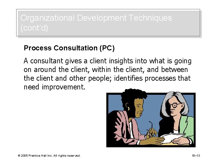 Organizational Development Techniques (cont’d) Process Consultation (PC) A consultant gives a client insights into