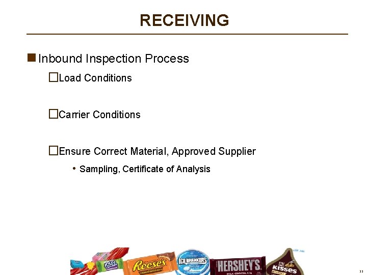 RECEIVING n Inbound Inspection Process �Load Conditions �Carrier Conditions �Ensure Correct Material, Approved Supplier RECEIVING n Inbound Inspection Process �Load Conditions �Carrier Conditions �Ensure Correct Material, Approved Supplier