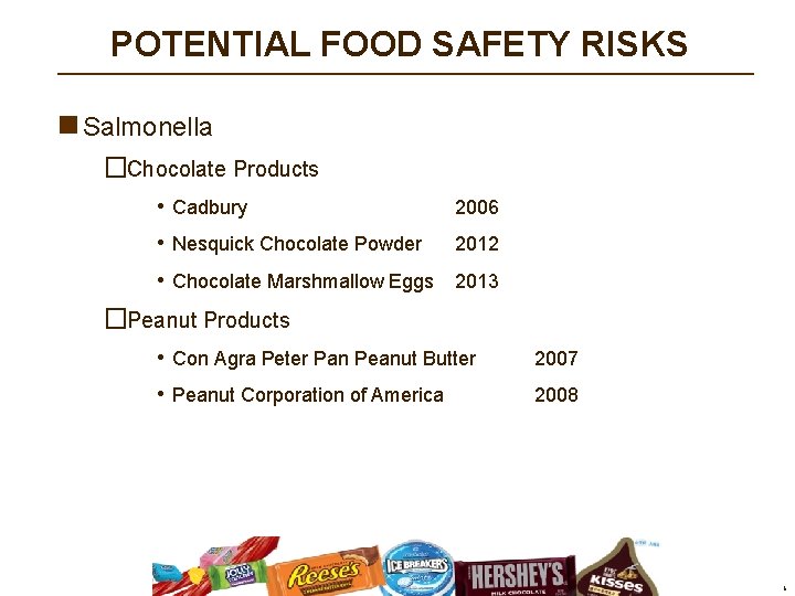POTENTIAL FOOD SAFETY RISKS n Salmonella �Chocolate Products • Cadbury 2006 • Nesquick Chocolate POTENTIAL FOOD SAFETY RISKS n Salmonella �Chocolate Products • Cadbury 2006 • Nesquick Chocolate