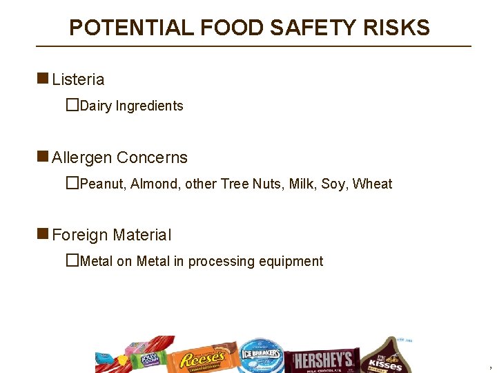 POTENTIAL FOOD SAFETY RISKS n Listeria �Dairy Ingredients n Allergen Concerns �Peanut, Almond, other POTENTIAL FOOD SAFETY RISKS n Listeria �Dairy Ingredients n Allergen Concerns �Peanut, Almond, other