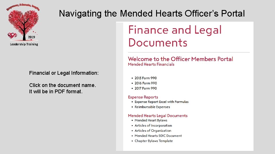 Navigating the Mended Hearts Officer’s Portal 2019 Leadership Training Financial or Legal Information: Click