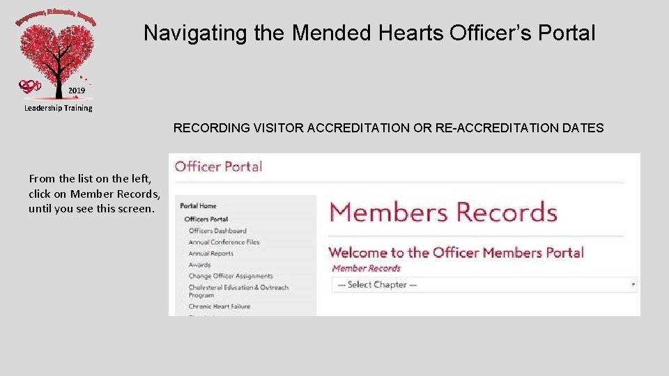 Navigating the Mended Hearts Officer’s Portal 2019 Leadership Training RECORDING VISITOR ACCREDITATION OR RE-ACCREDITATION