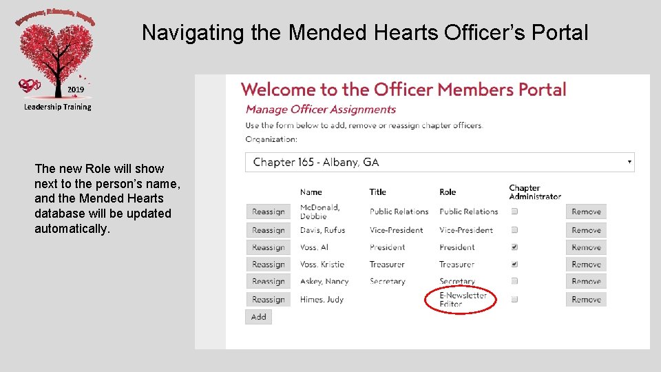 Navigating the Mended Hearts Officer’s Portal 2019 Leadership Training The new Role will show