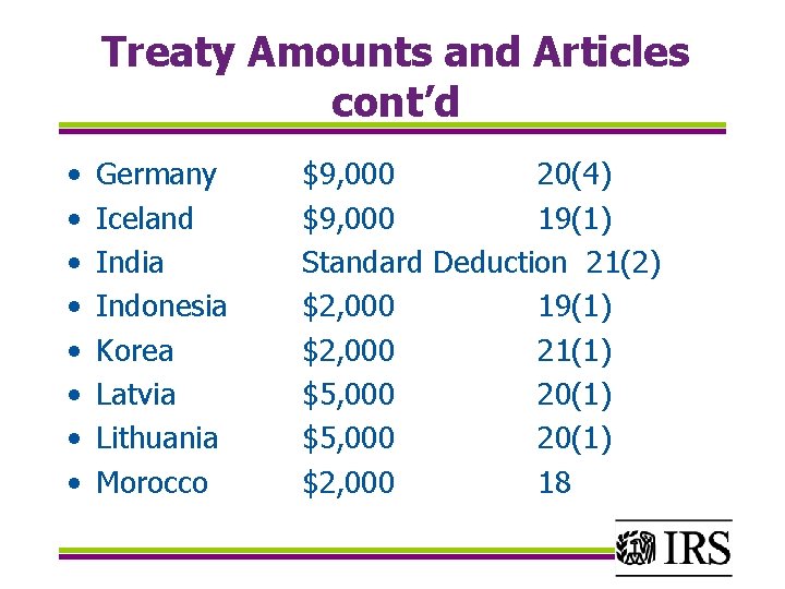 Treaty Amounts and Articles cont’d • • Germany Iceland India Indonesia Korea Latvia Lithuania