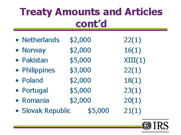Treaty Amounts and Articles cont’d • • Netherlands $2, 000 Norway $2, 000 Pakistan