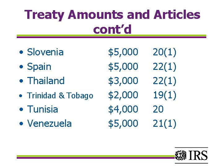 Treaty Amounts and Articles cont’d • Slovenia • Spain • Thailand • Trinidad &