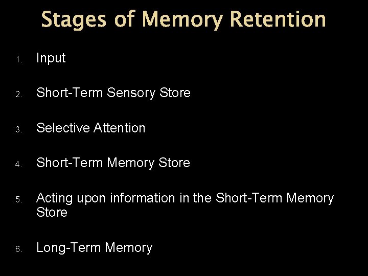 Stages of Memory Retention 1. Input 2. Short-Term Sensory Store 3. Selective Attention 4. Stages of Memory Retention 1. Input 2. Short-Term Sensory Store 3. Selective Attention 4.