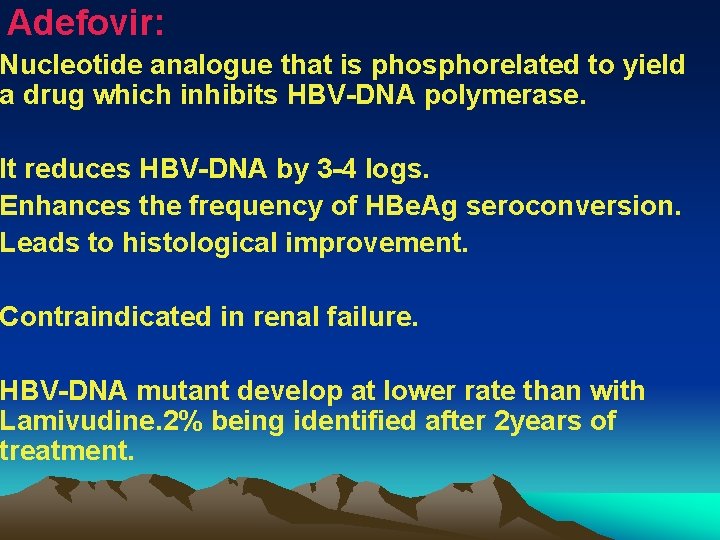 Adefovir: Nucleotide analogue that is phosphorelated to yield a drug which inhibits HBV-DNA polymerase.